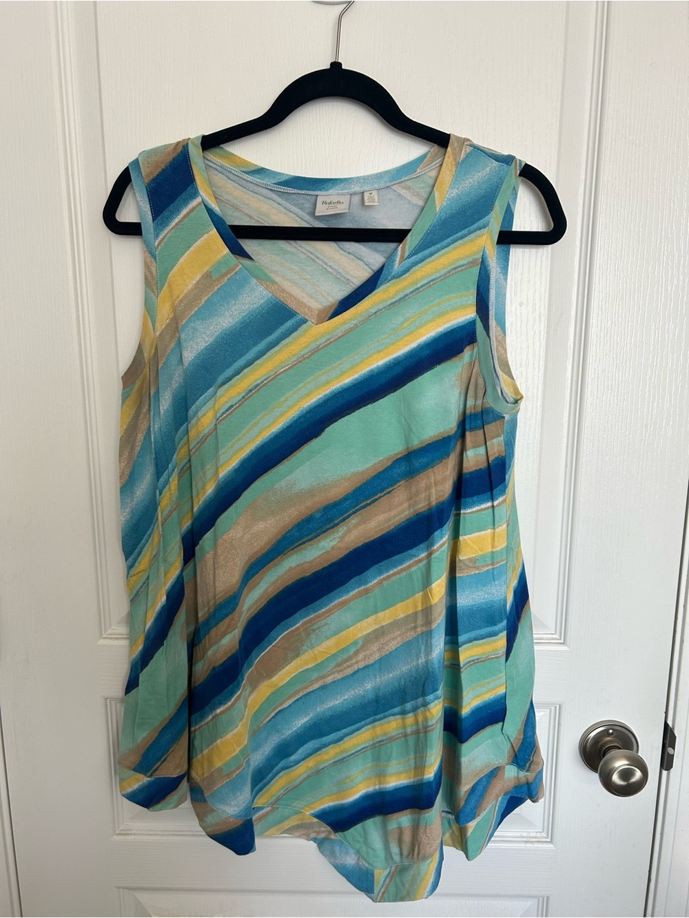 Rafaella Striped V-Neck Sleeveless Tank - Blue/Teal/Yellow/Tan